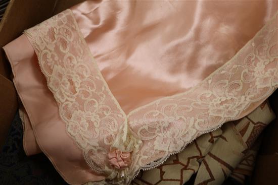 A Chinese embroidered silk and metal thread collar, a sage green brocade panel and other textiles